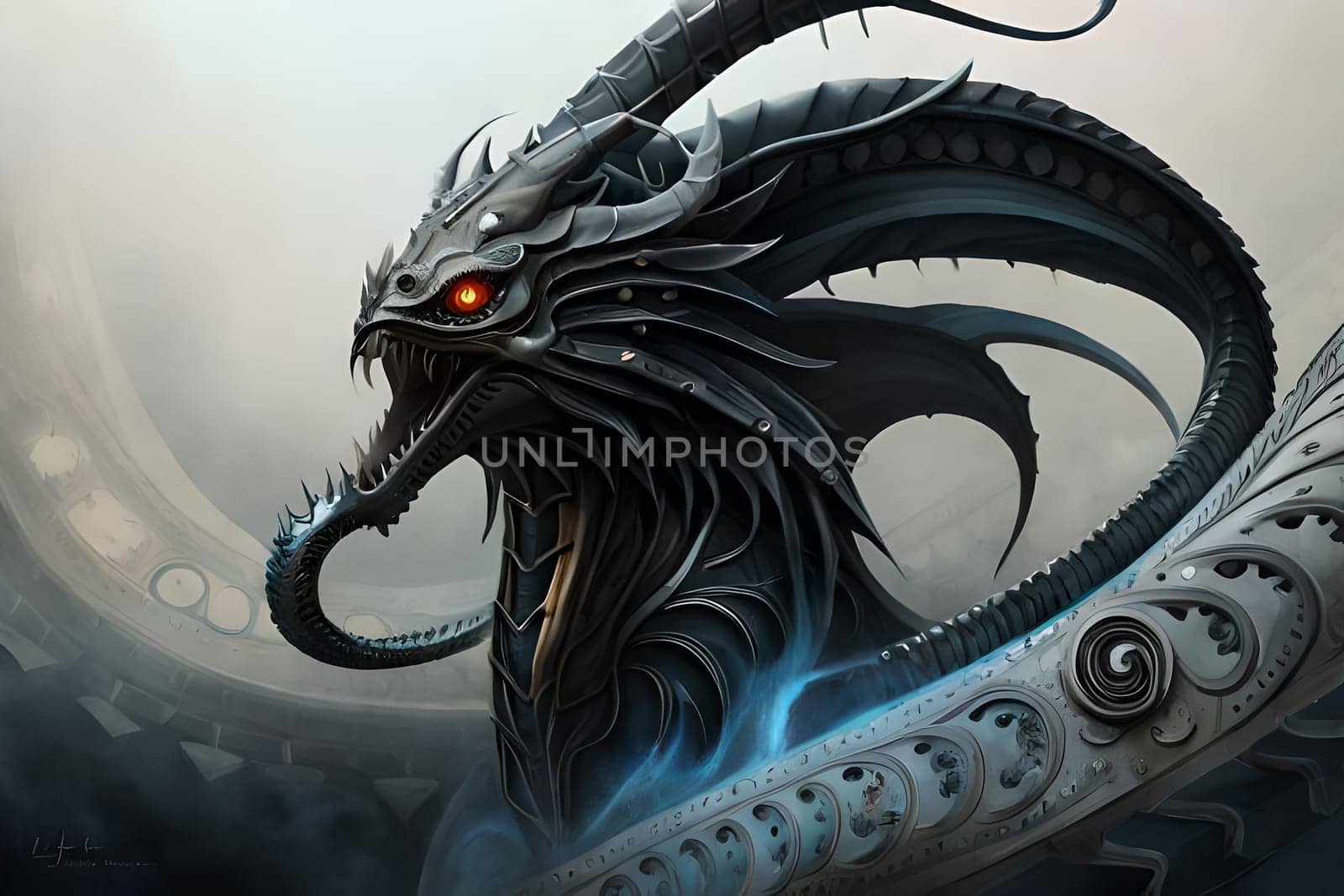 Fantasy evil dragon portrait. Surreal artwork of danger dragon from medieval mythology . Digital painting illustration Generative AI