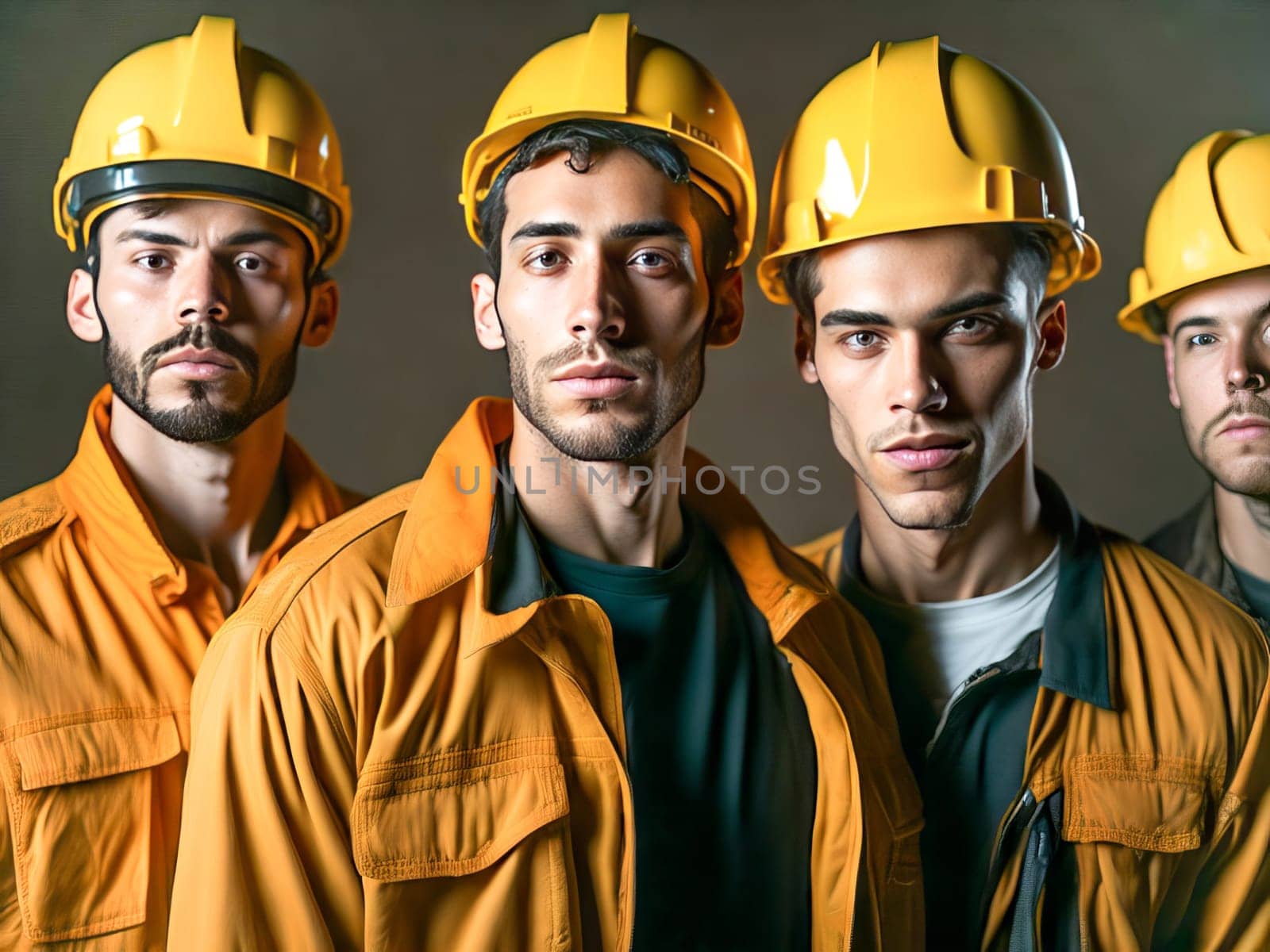 Team of construction workers wearing protective helmets and vests working on construction site. Generative Ai