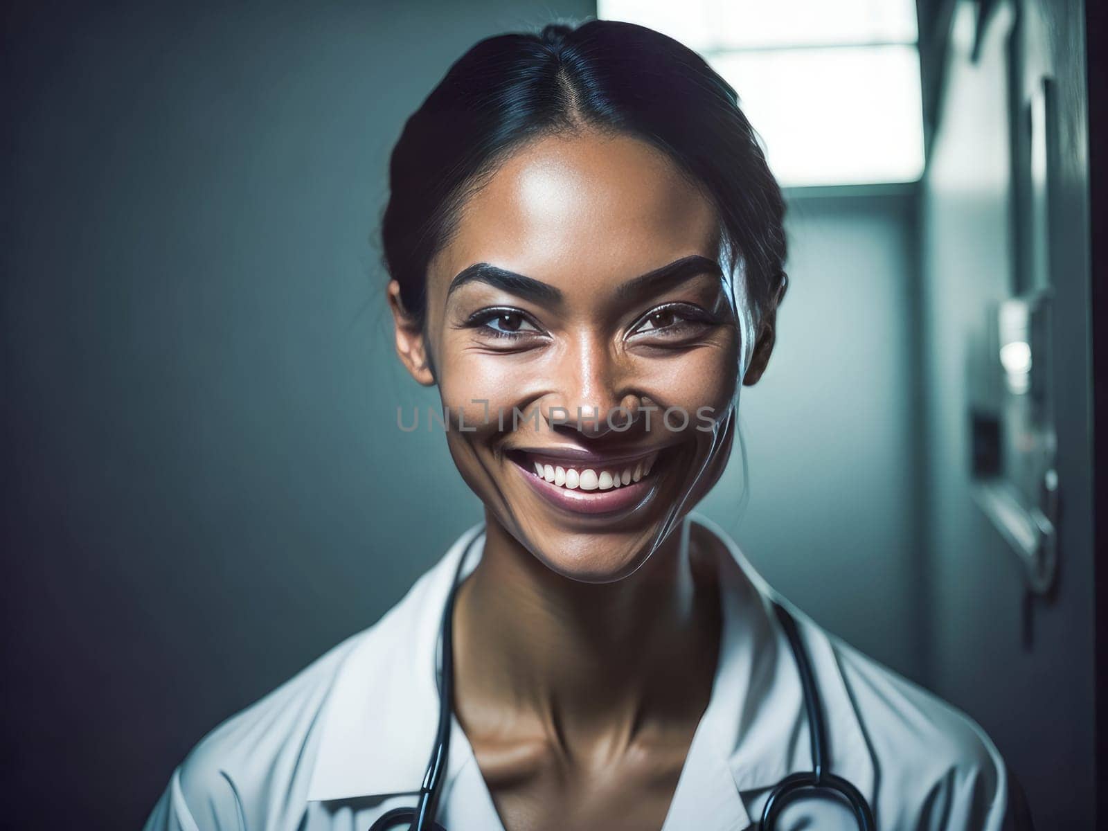 Latino woman doctor with stethoscope in uniform over background with copy space, medical concept. Generative ai