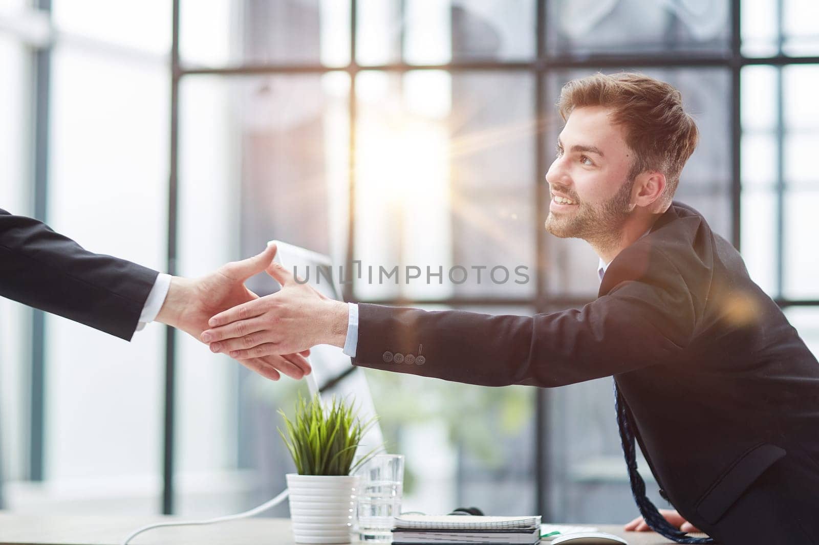 Hello. Portrait Of Cheerful Middle Aged Business Man Waving Hand Smiling