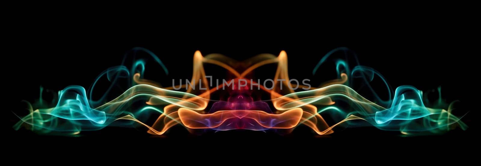 Abstract smoke wave, colorful mystical background. Colored smoke isolated on black background. AI generated
