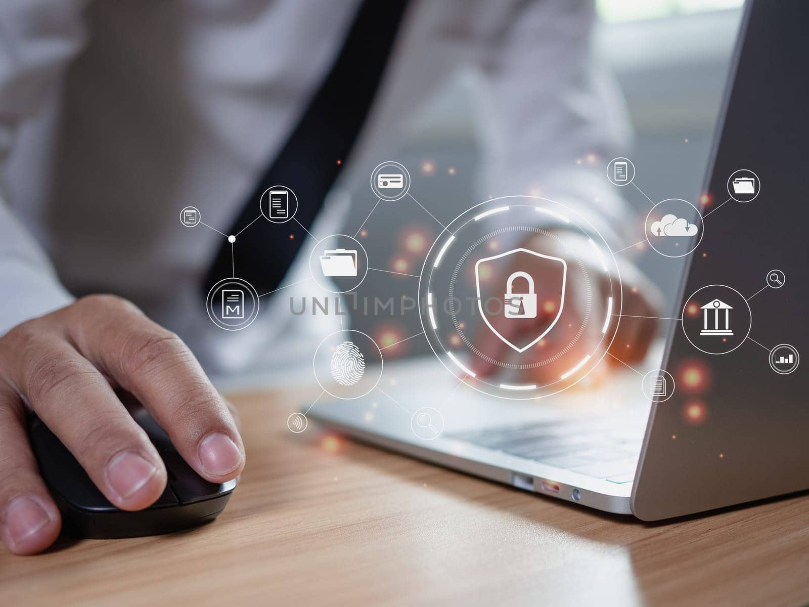 Human hand working on computer and protection icon. Represents the code protection. Security concept and communication technology by Unimages2527