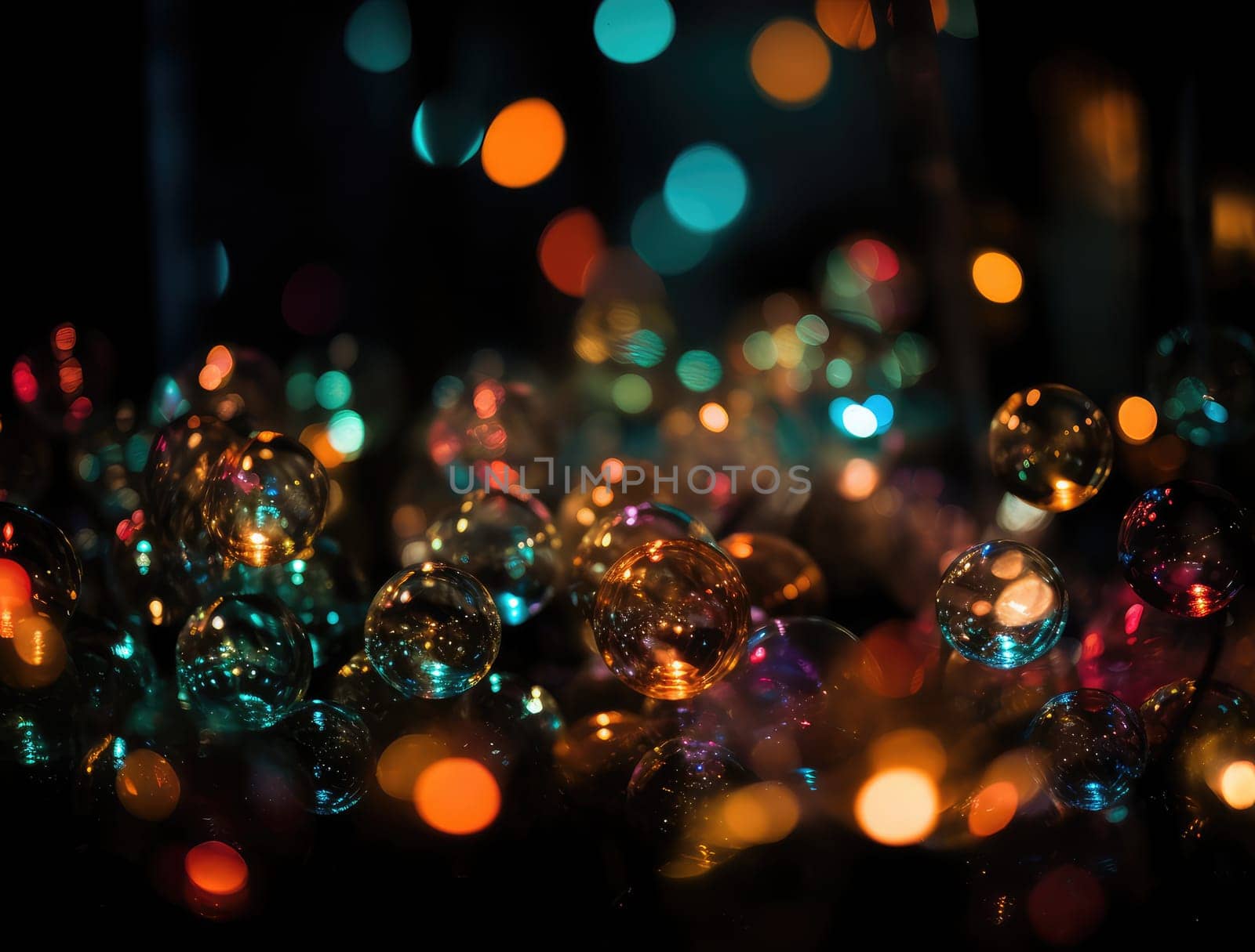 Abstract background with bokeh blur. Colourful lights and spots on a dark background. AI generated