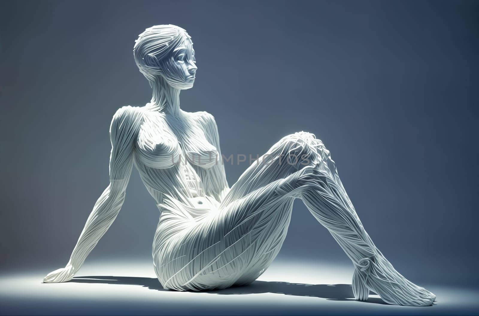 An abstract sculpture, a three-dimensional digital model or a futuristic form of a full-length naked woman sitting on the ground is made of white stripes on a light blue background. Generative AI. by sergiy_romanyuk