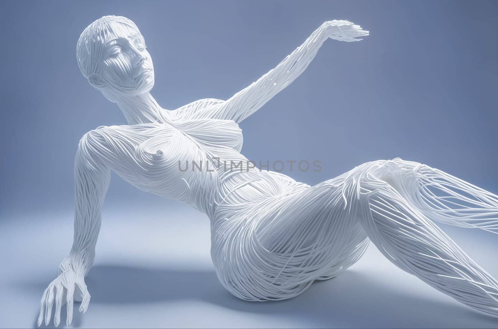 An abstract sculpture, a three-dimensional digital model or a futuristic form of a full-length naked woman sitting on the ground is made of white stripes on a light blue background. Generative AI. by sergiy_romanyuk