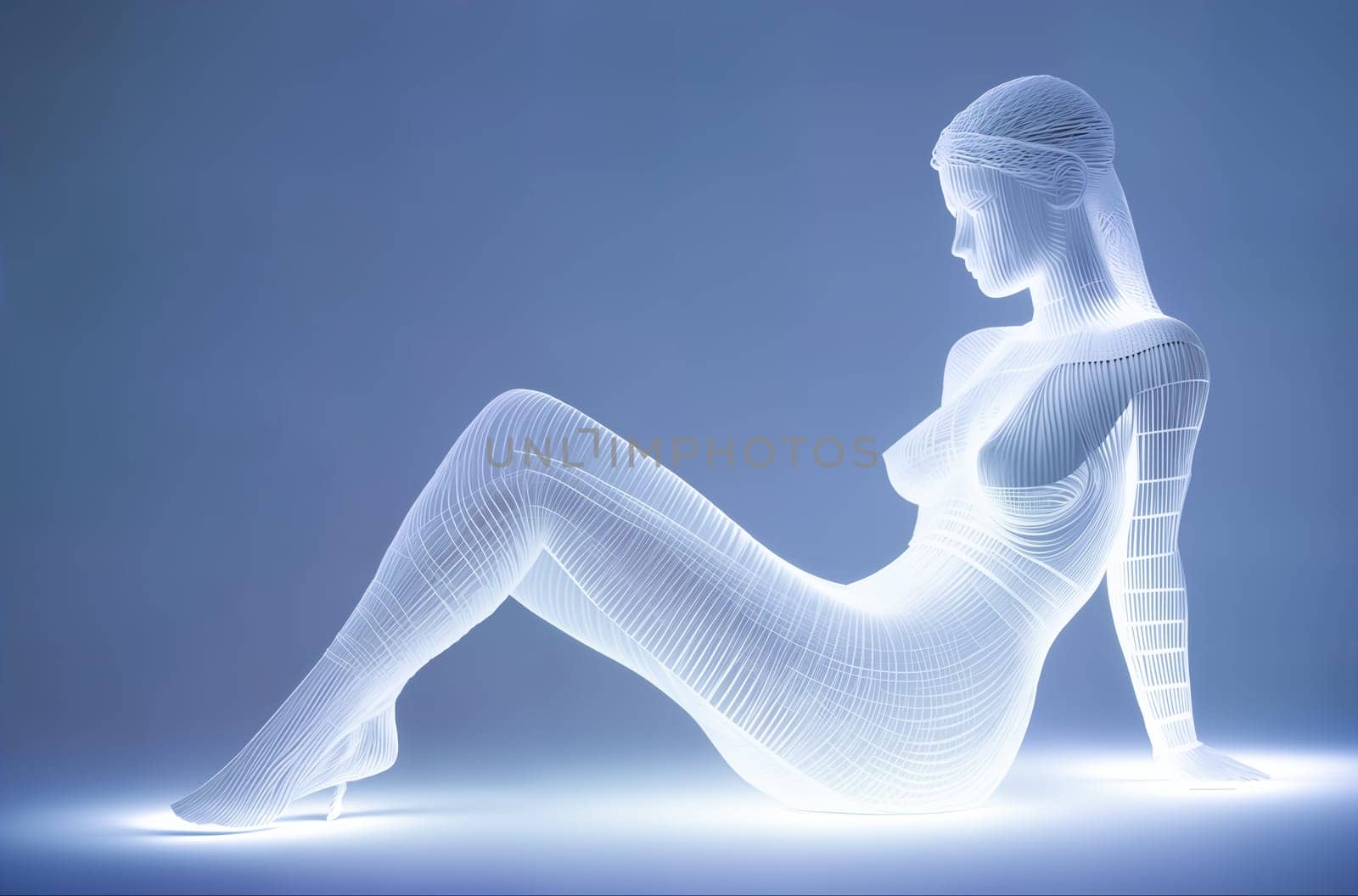 An abstract sculpture, a three-dimensional digital model or a futuristic form of a full-length naked woman made of glowing white neon strips on a light blue background. Generative AI