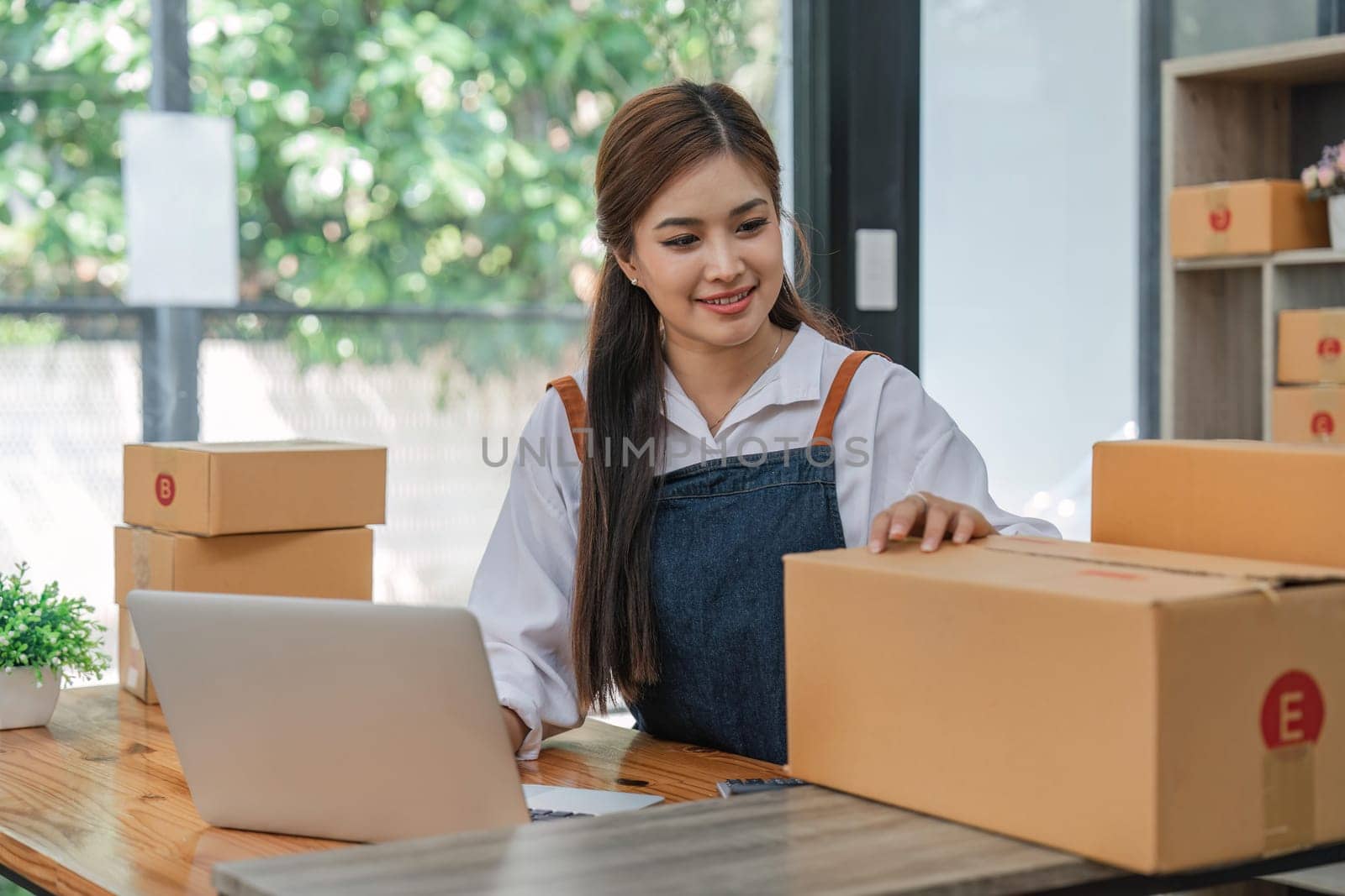 Starting small businesses SME owners female entrepreneurs check online orders to prepare to pack the boxes, sell to customers, business ideas online.