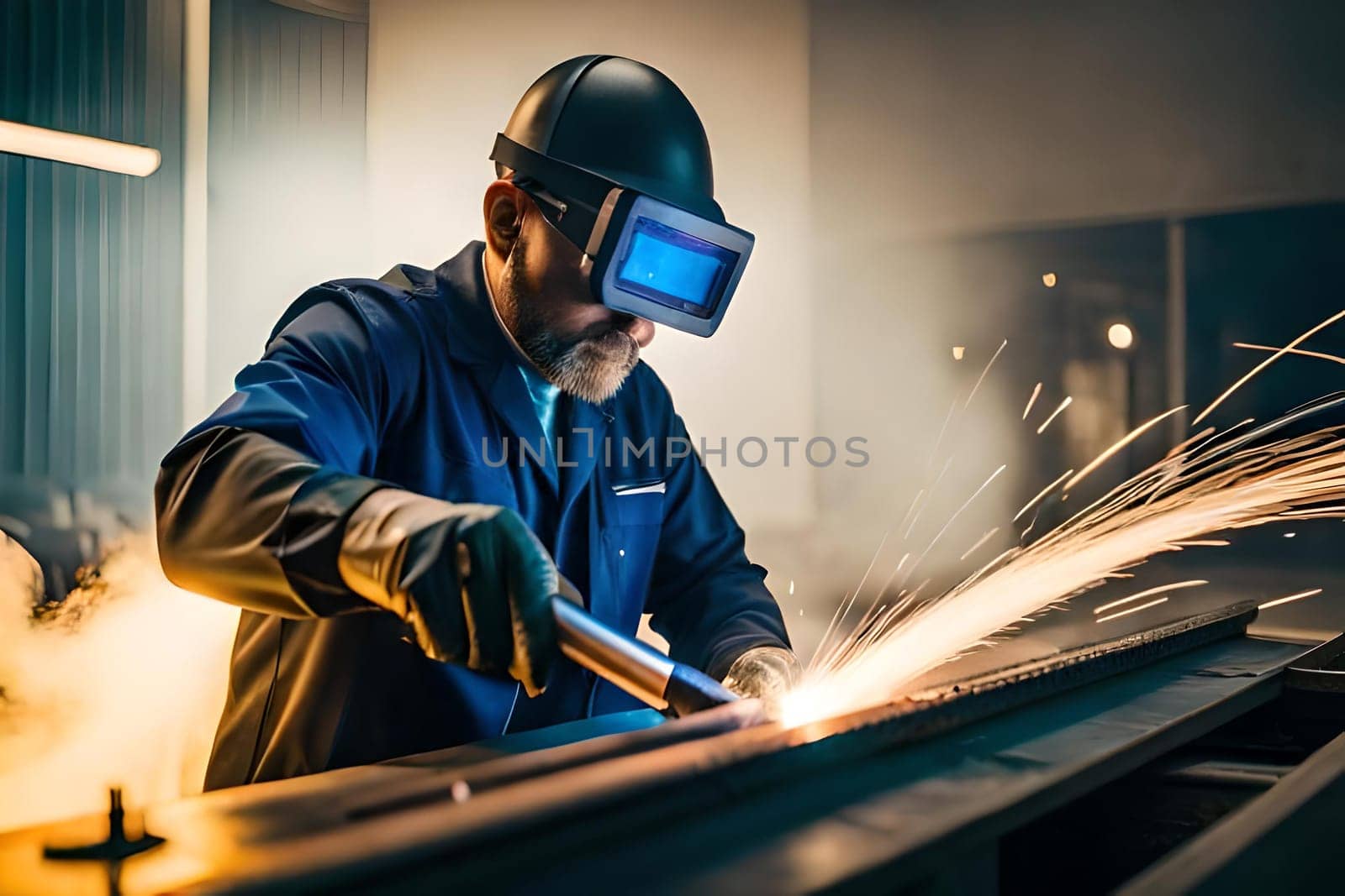 Male in face mask welds with argon arc welding. Welder mounts in the trunk pipeline electrochemical protection. illustration created by Generative AI