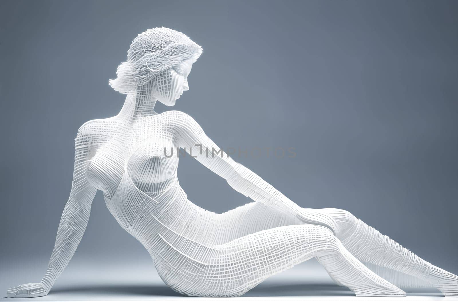 An abstract sculpture, a three-dimensional digital model or a futuristic form of a full-length naked woman sitting on the ground is made of white stripes on a light blue background. Generative AI