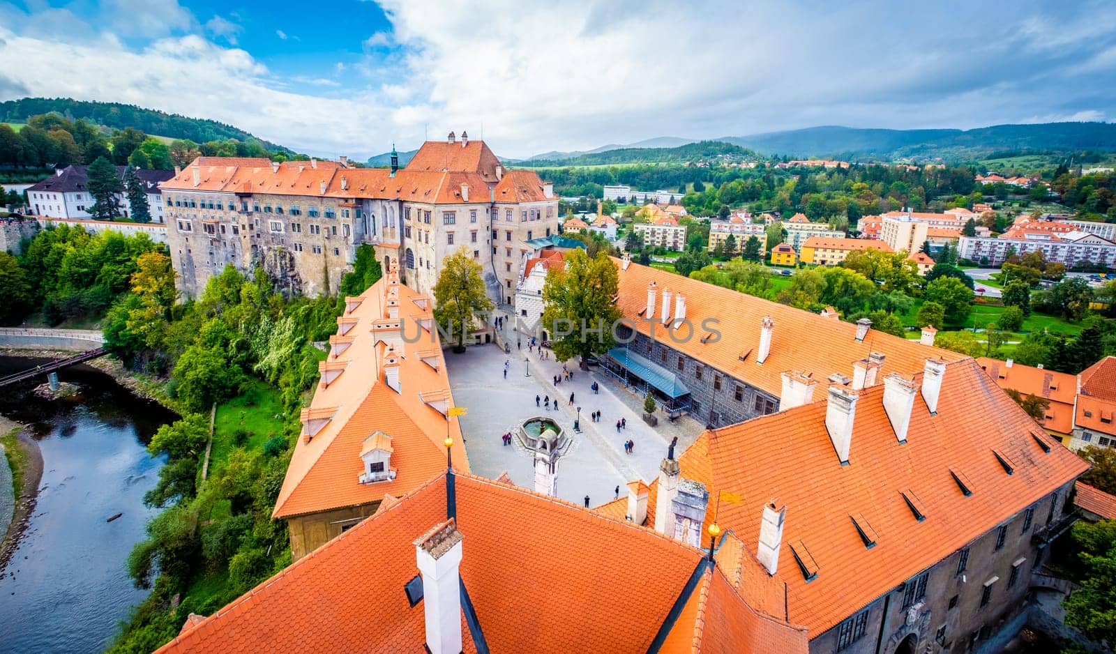 Top view of Cesky Krumlov cityscape architecture around square