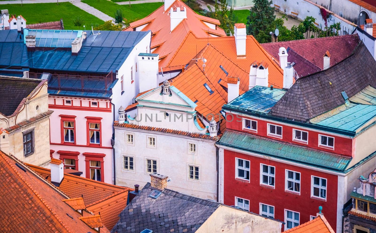 Top view of beautiful architecture of Cesky Krumlov streets
