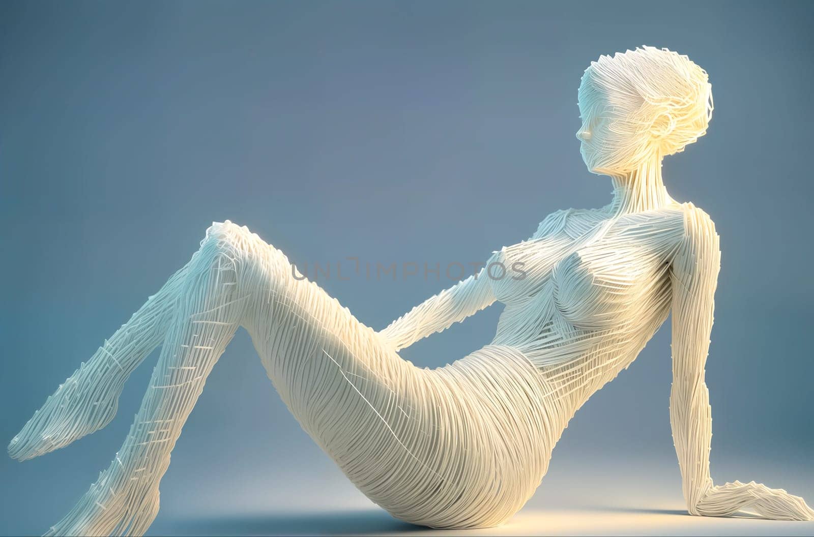 An abstract sculpture, a three-dimensional digital model or a futuristic form of a full-length naked woman sitting on the ground is made of white stripes on a light blue background. Generative AI. by sergiy_romanyuk