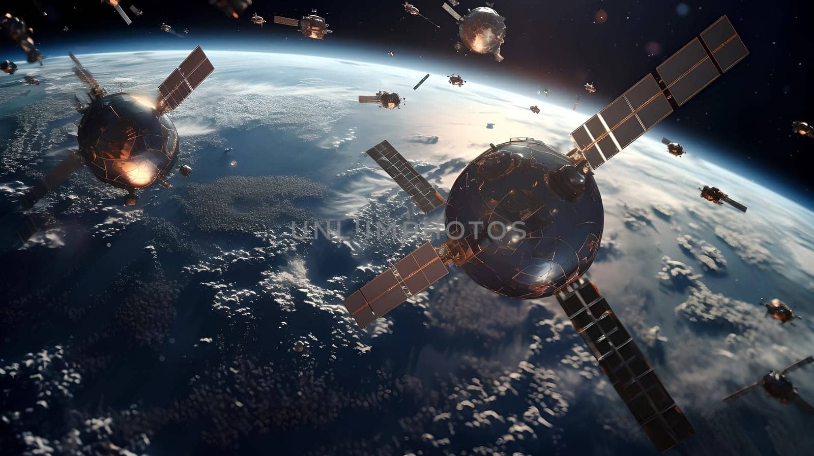 Constellation of satellites near the Earth. A lot of satellites, space. Communication Concept