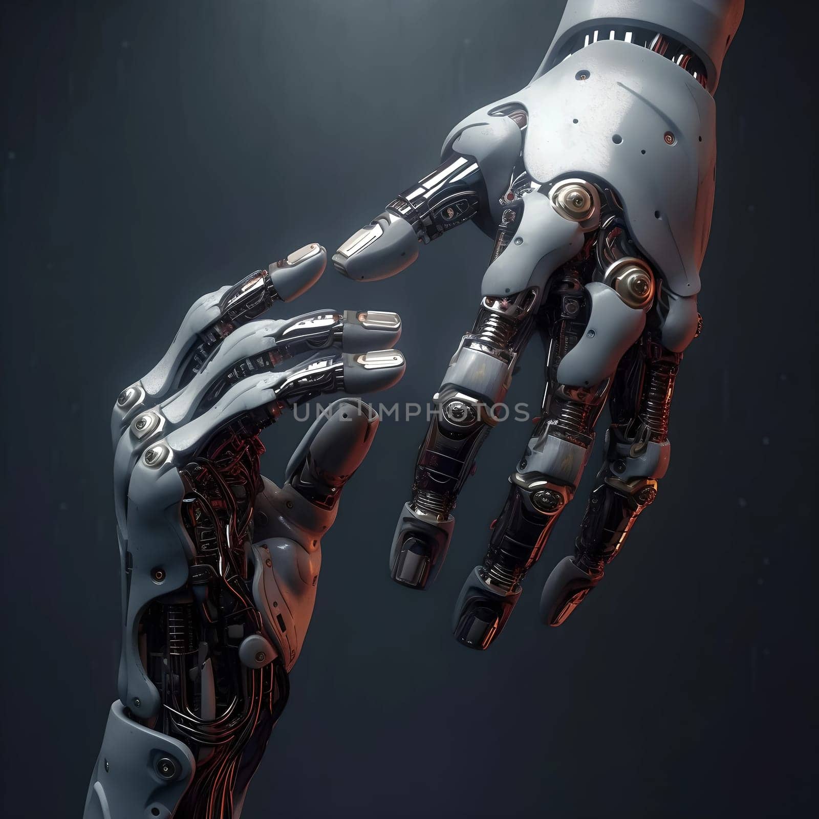 Robot hands on a dark background. The concept of robotics