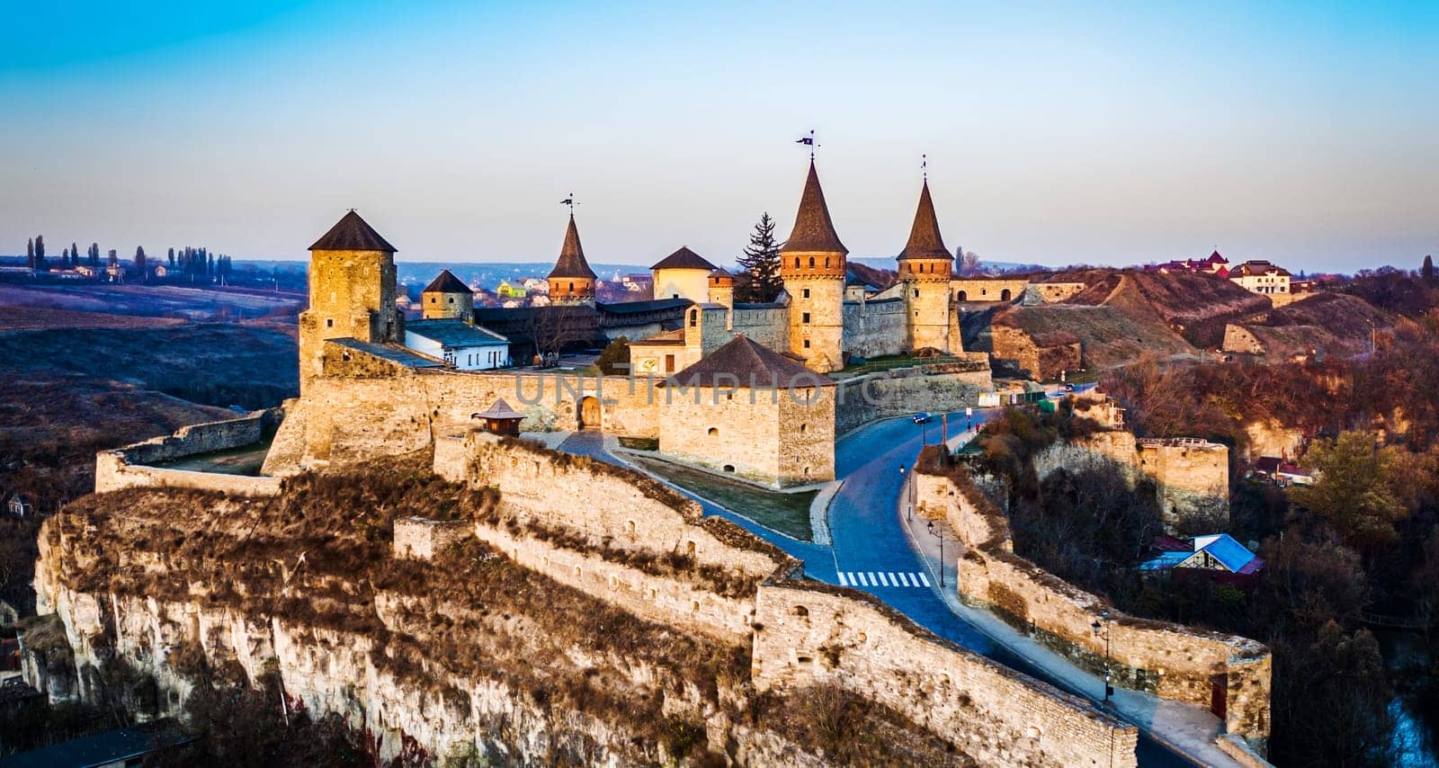 Aerial view of Kamianets Podilskyi fort in sunlight