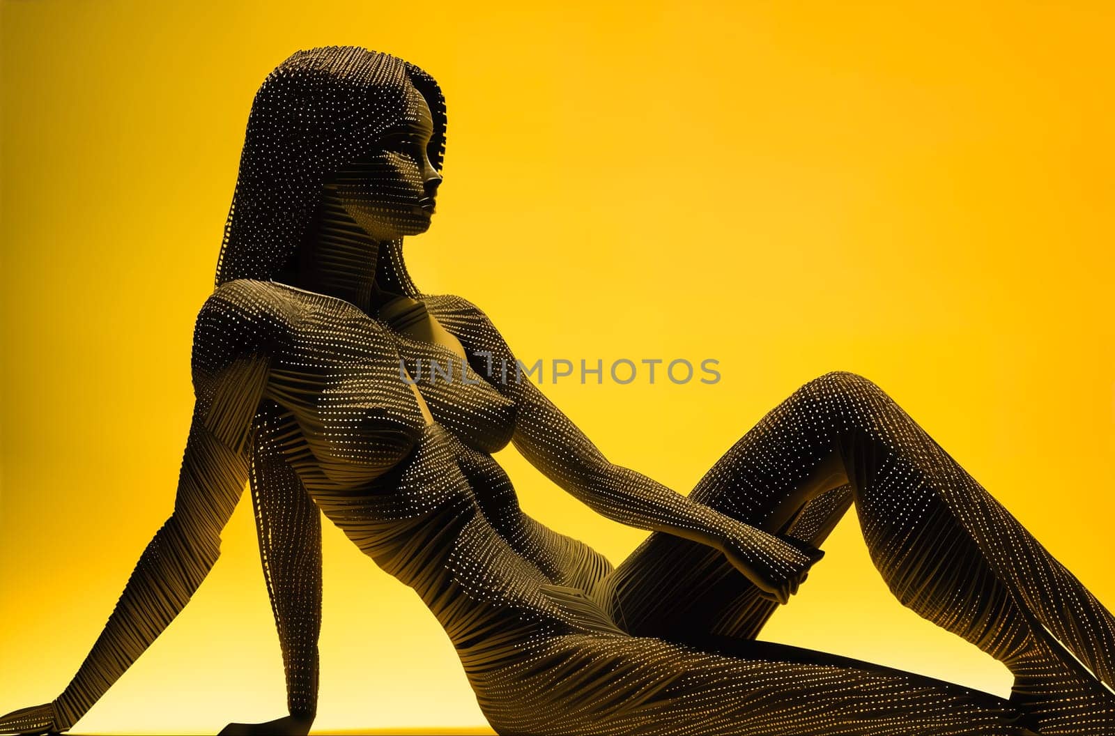 An abstract sculpture, a three-dimensional digital model or a futuristic form of a full-length naked woman sitting on the ground is made of black stripes on a yellow background. Generative AI. by sergiy_romanyuk