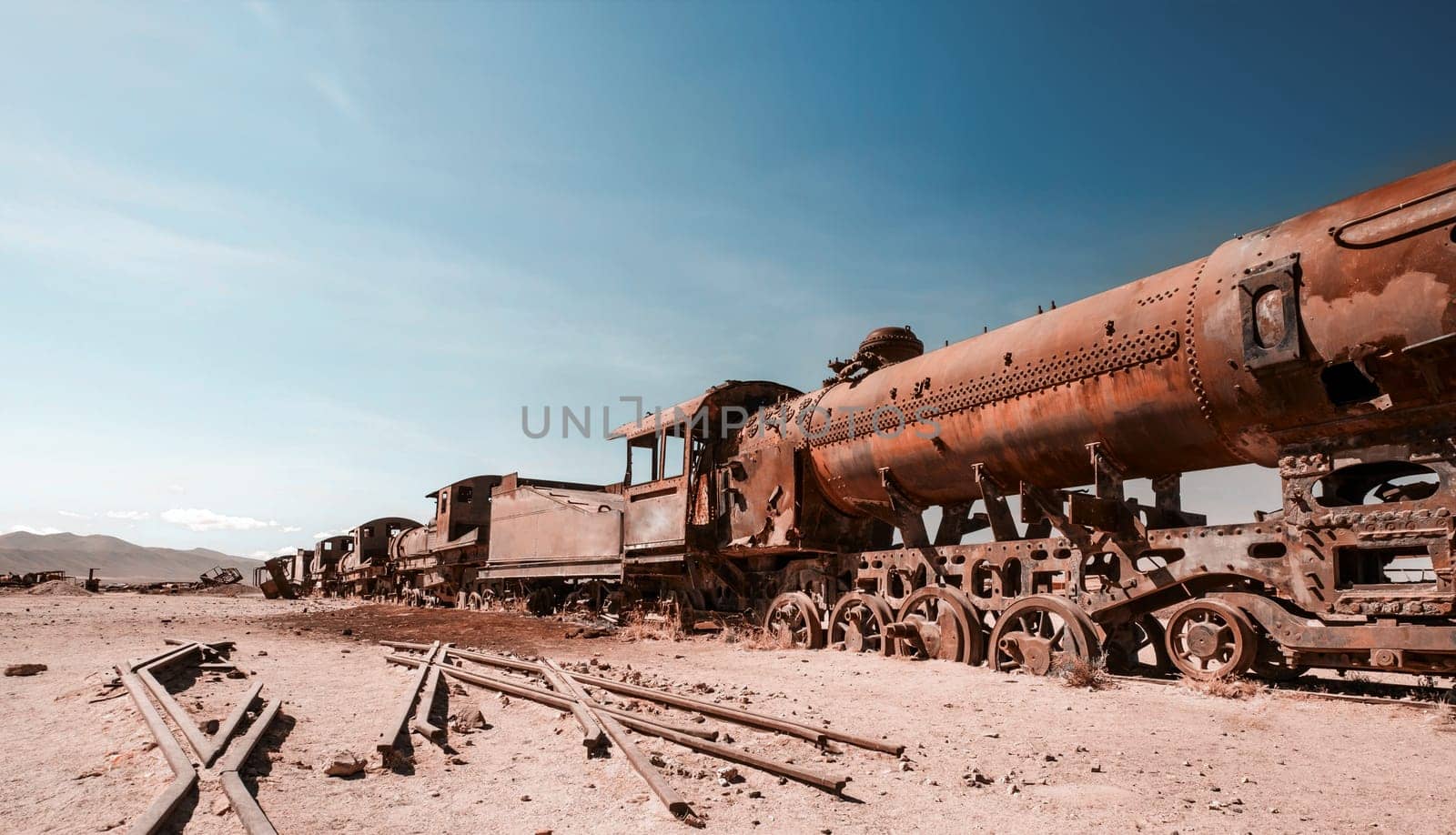 Old rusty steam train near Uyuni in Bolivia. Cemetery trains.