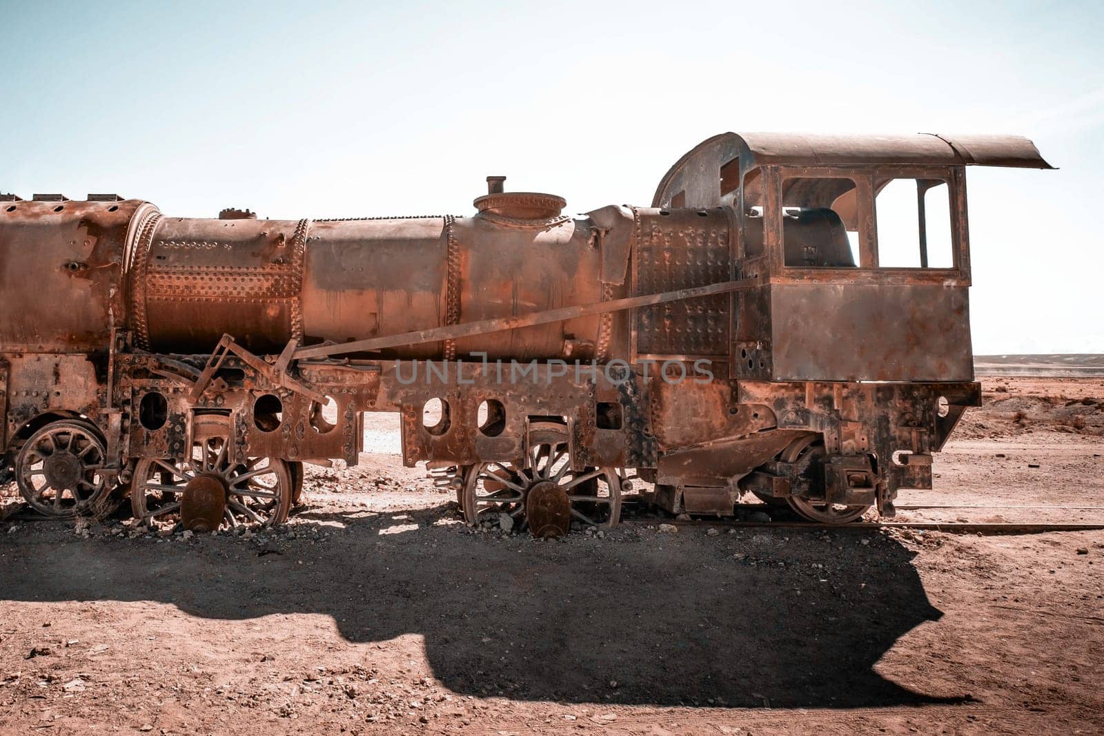 Old rusty steam train near Uyuni in Bolivia. Cemetery trains.