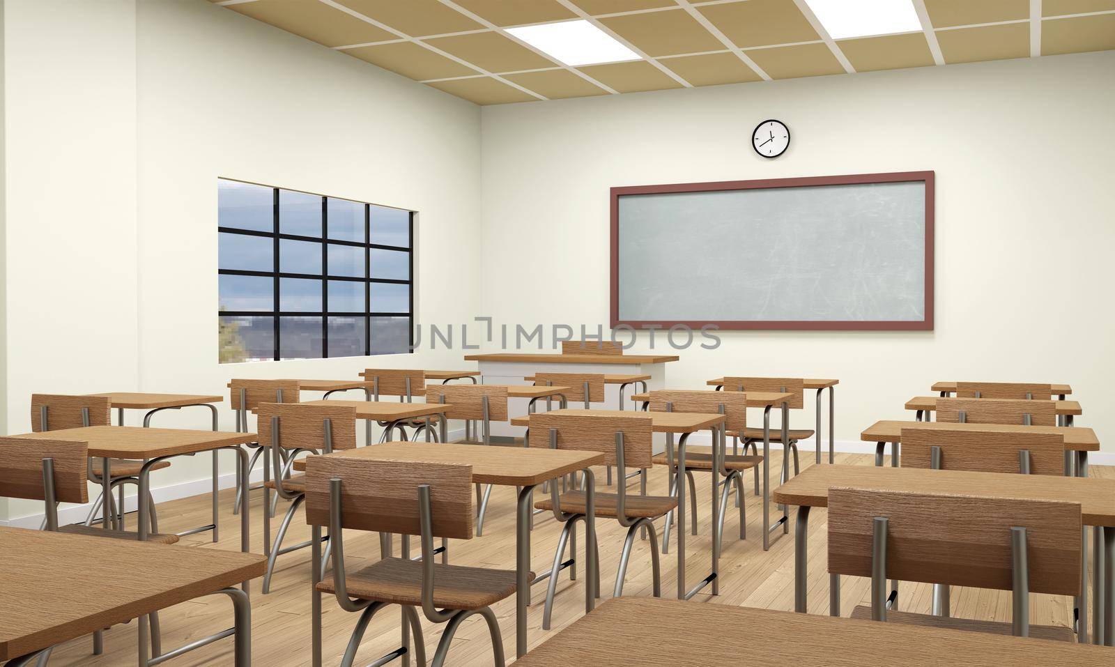 Modern Classroom 3D Interior in Light Tones. 3D Rendering