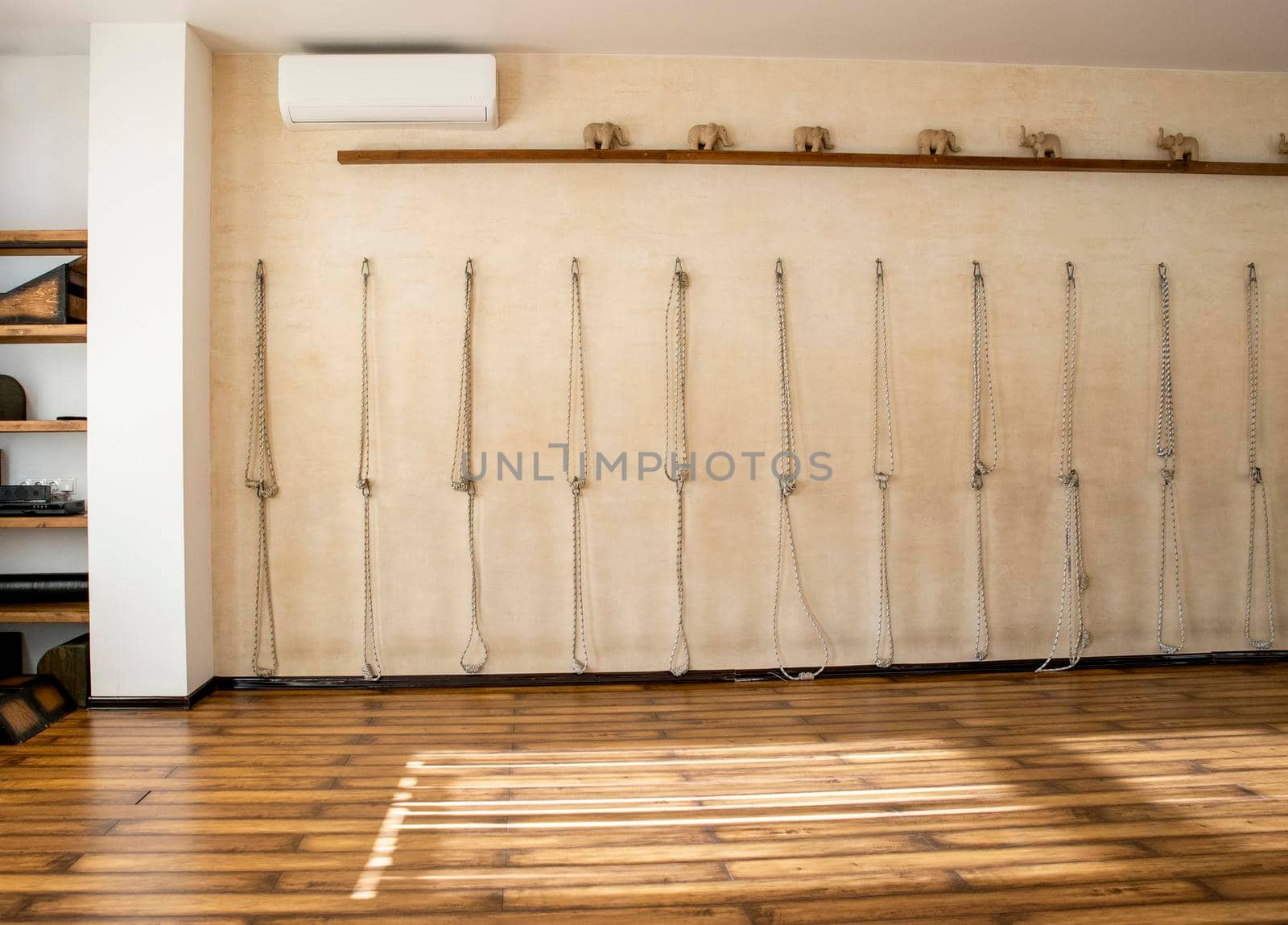 Calisthenics ropes tied up to silver rings on purple wall yoga studio. Big knots, workout, exercise, indoors stretch activity concepts
