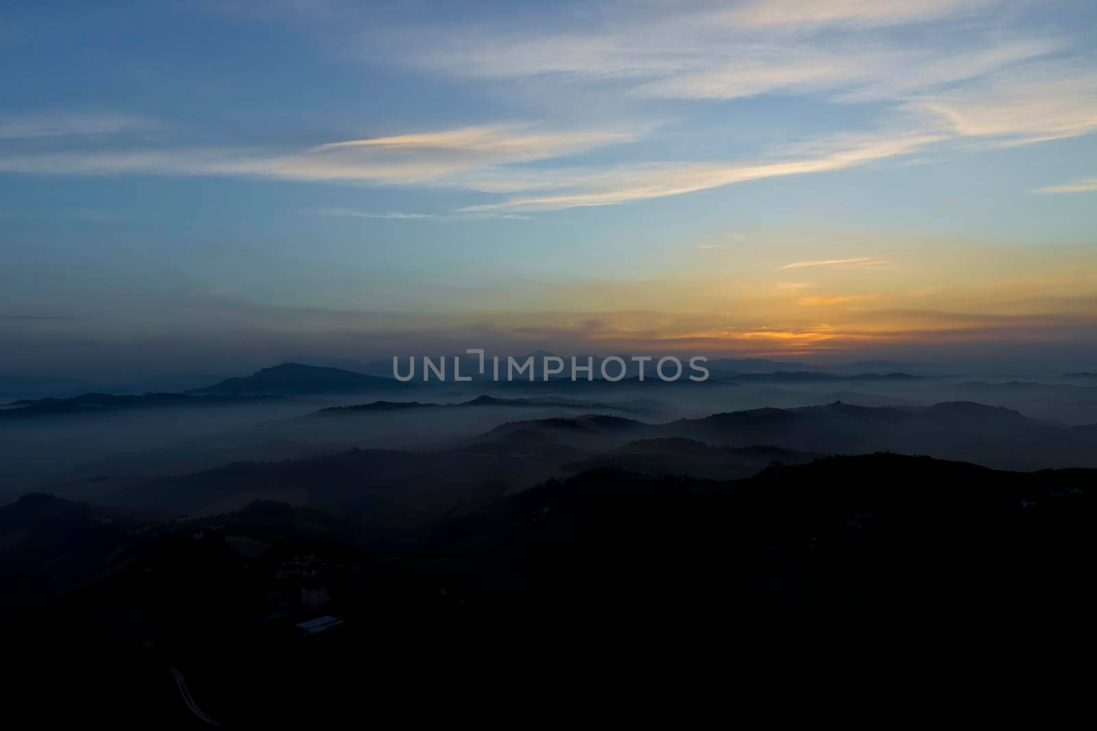 The sun sets in Ripatransone in the region of Marche, Italy