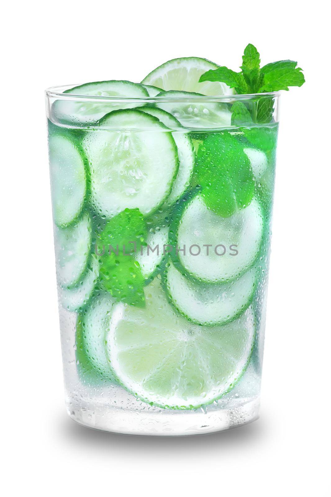 Glass with fresh organic detox cucumber water with lime and lemon on white background.