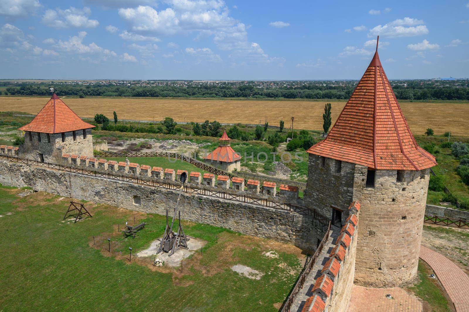 Tighina, Transnistria, Moldova - July 2021: Walls and towers of old medieval Turkish and Russian Bender Fortress on the Dniester river