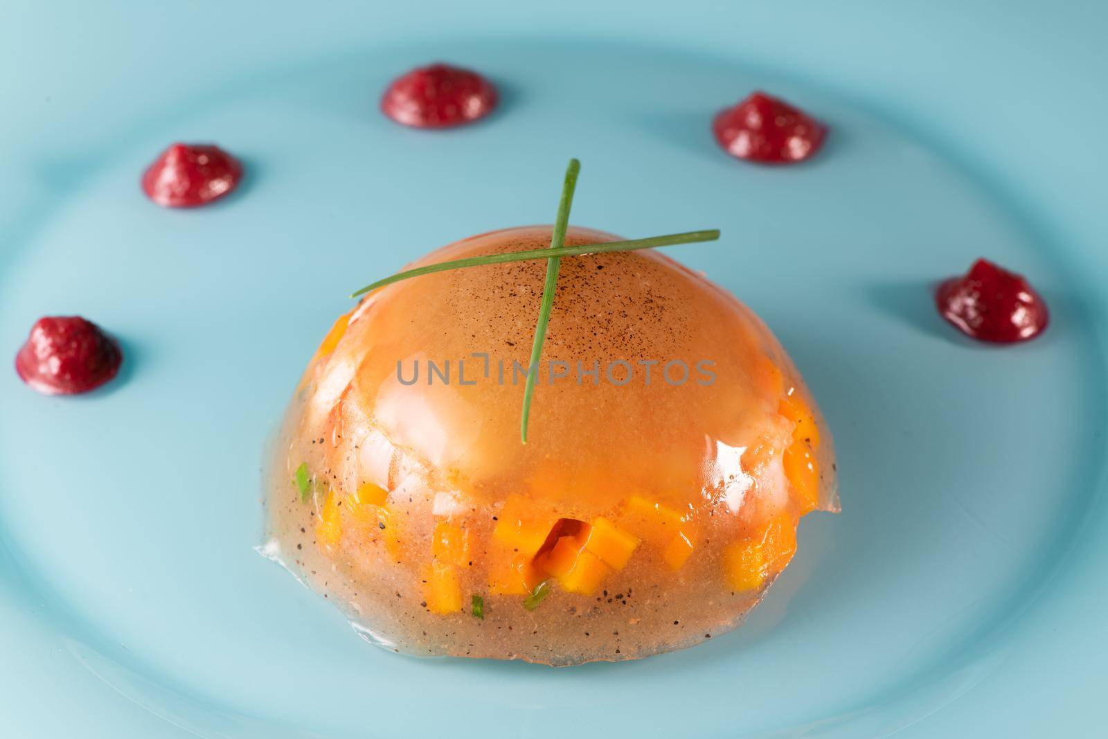 Aspic recipe, jelly made from a broth of prawns and peppery beetroot. High quality photo