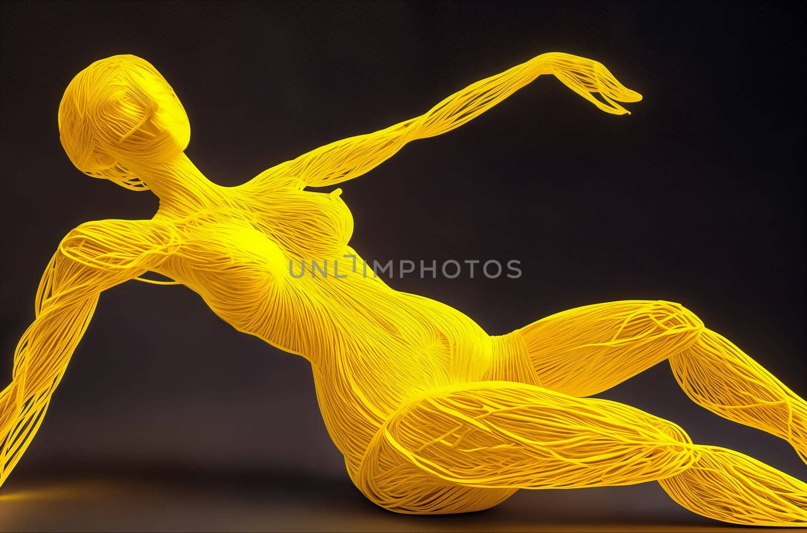 An abstract sculpture, a three-dimensional digital model or a futuristic shape of a full-length naked woman lying on the ground is made of yellow stripes on a dark background. Generative AI