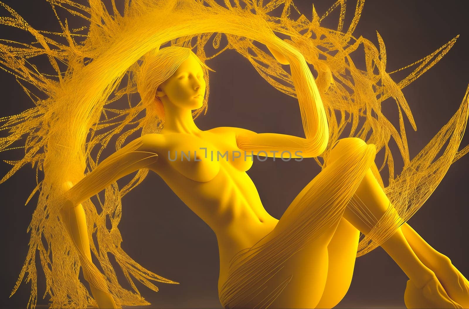 An abstract sculpture, three-dimensional digital model or futuristic form of a naked woman lying on the ground in full height in yellow on a dark background. Generative AI. by sergiy_romanyuk