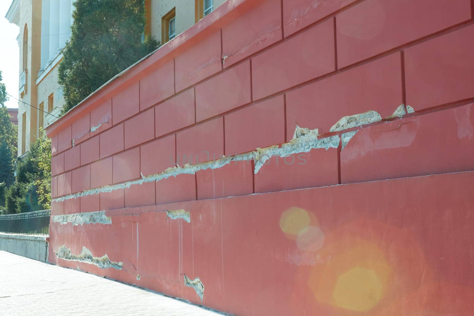 Kyiv, Ukraine - October 16, 2022: The damaged facade of a building after a Russian missile attack in the center of the capital.