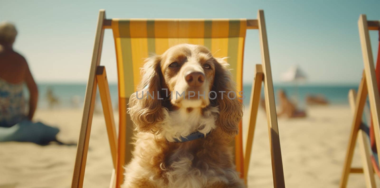 relax dog puppy summer terrier funny goggles heat chair pet sunglasses travel vacation deckchair lazy jack beach doggy colorful sea. Generative AI.