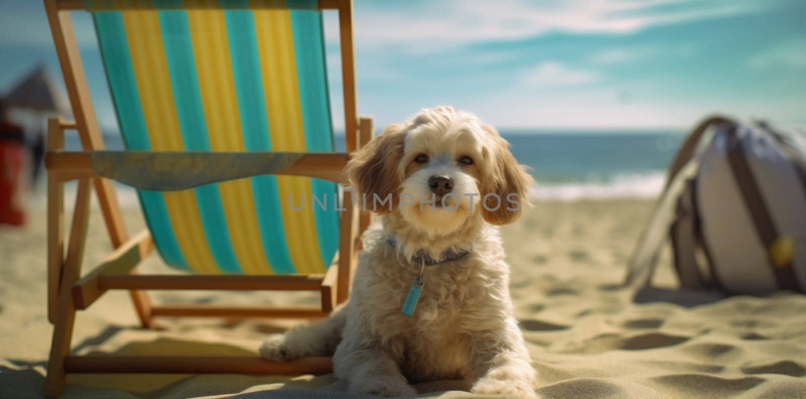 dog beach puppy chair tropical relax summer deck heat lazy ocean leisure happy chair vacation sunglasses summertime pet funny hot colorful. Generative AI.