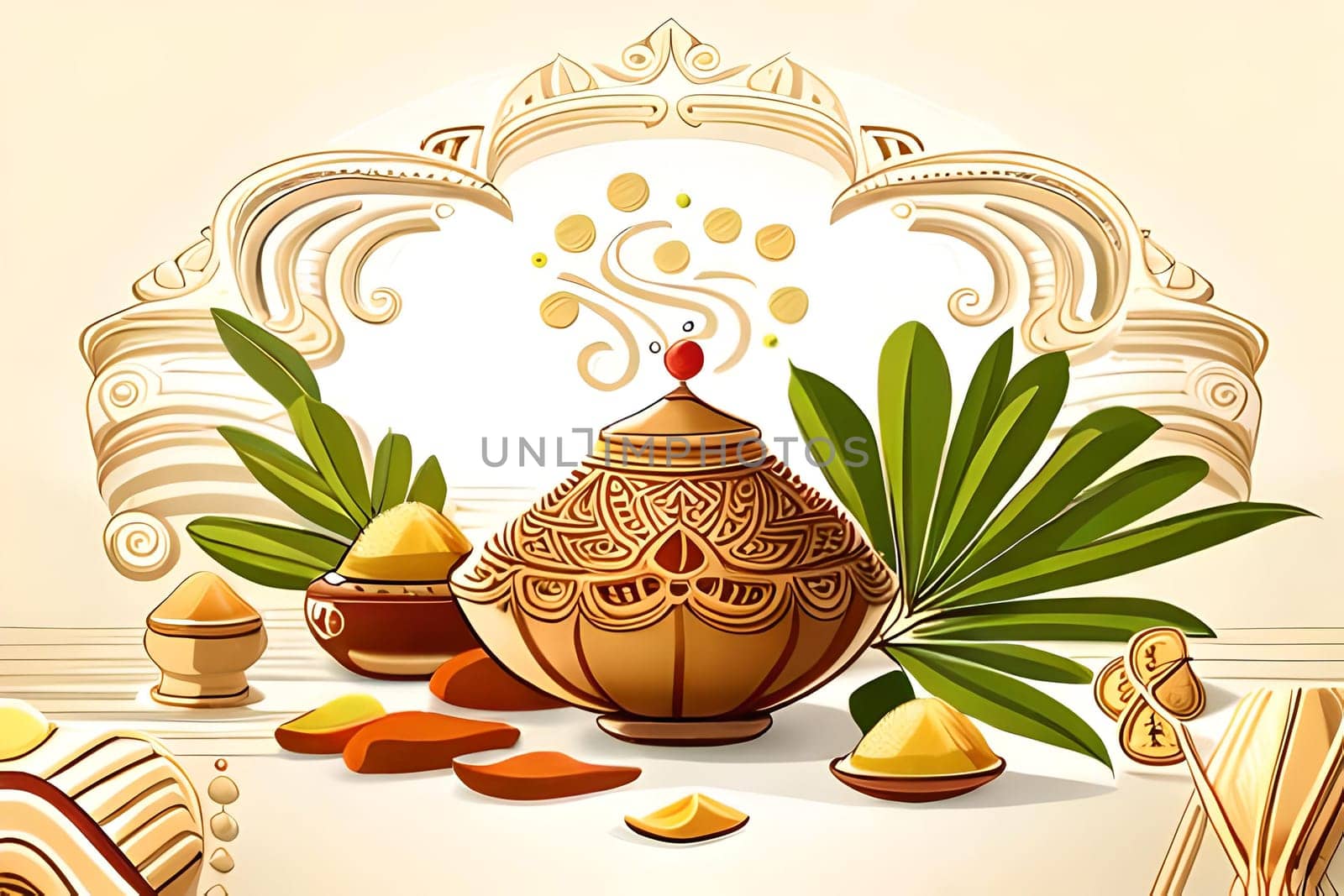 Happy ugadi greeting card background with kalash. Happy Ugadi holiday composition - Hindu New Year festival. Decorated Kalash with coconut, flowers, mango leaves and diya.