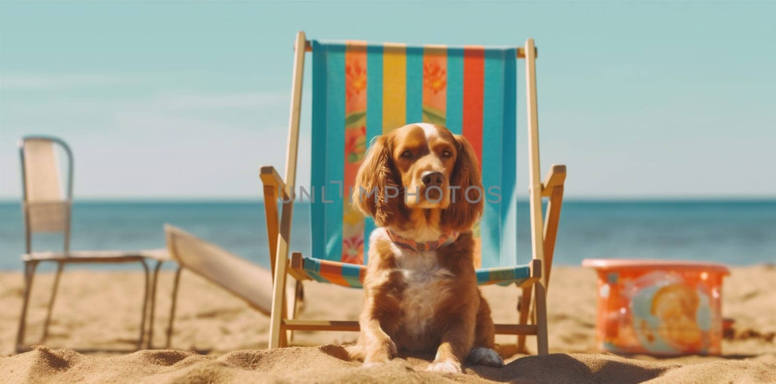 pet dog sunglasses beach lazy vacation chair relax funny summer. Generative AI. by SHOTPRIME