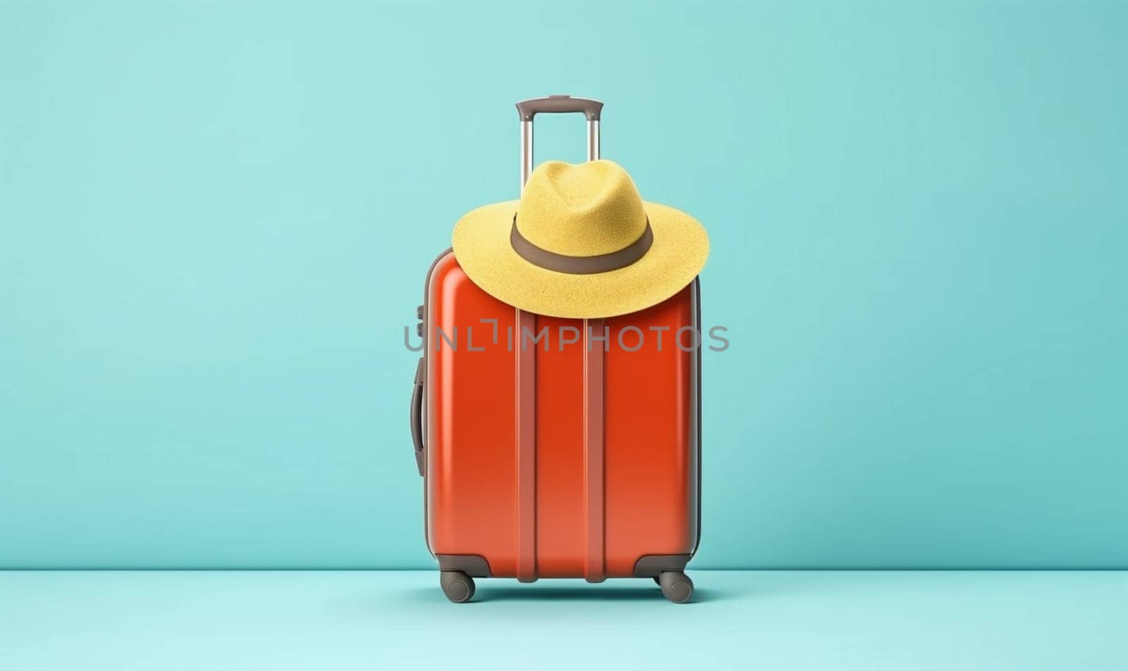baggage hat background travel suitcase holiday blue vacation journey trip yellow. Generative AI. by SHOTPRIME