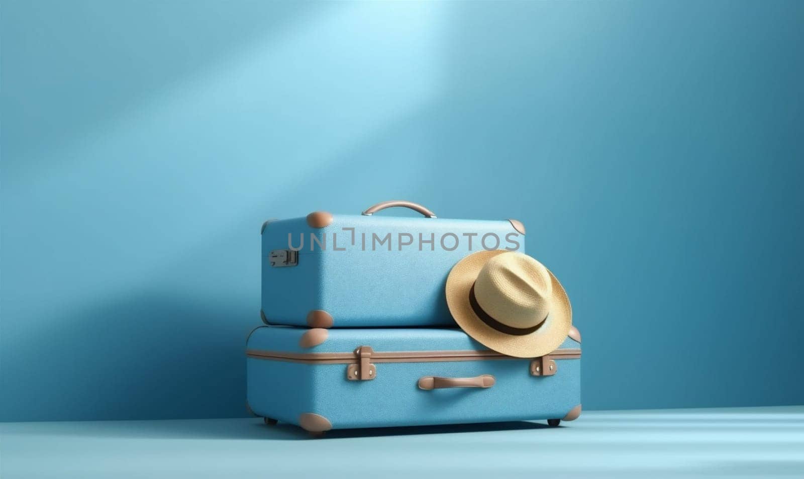 concept space blue sun vacation baggage journey holiday trip background hat traveler tourist travel airport holding hipster luggage transport beautiful suitcase. Generative AI.