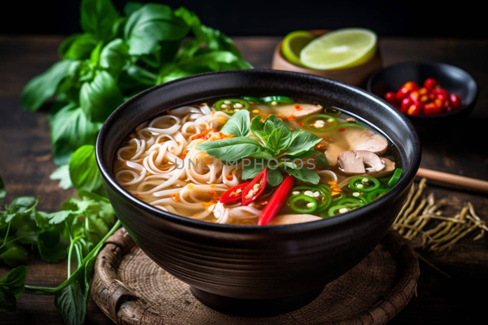 soup meal vegetable food asian hot dish japanese background noodle bowl. Generative AI. by SHOTPRIME