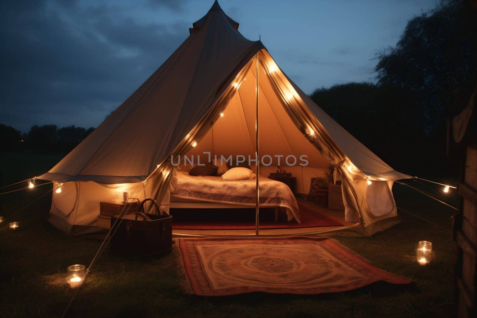 tent nature travel glamping camping light vacation luxury forest canvas. Generative AI. by SHOTPRIME