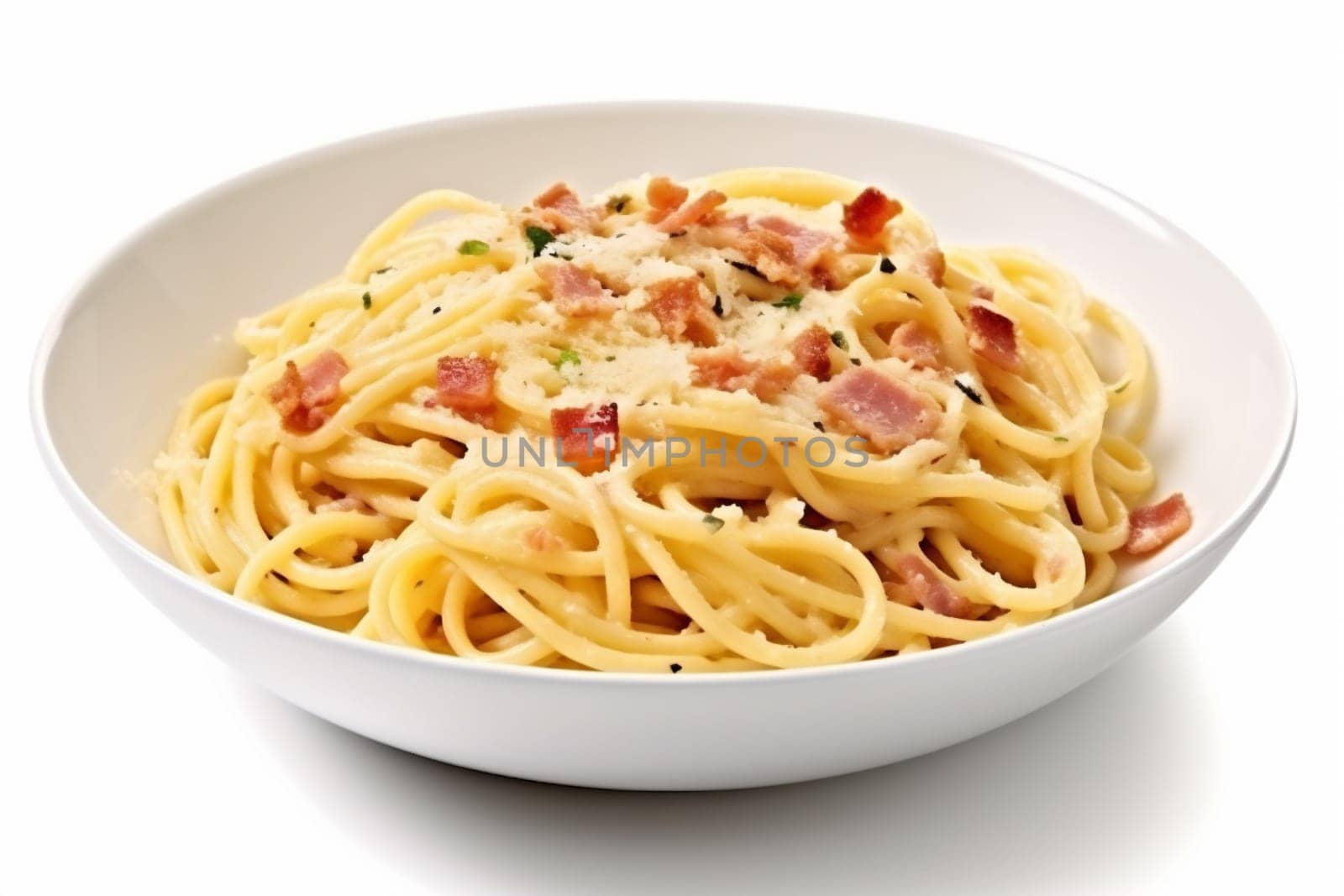 pasta bacon isolated background plate italian spaghetti carbonara lunch food cheese. Generative AI. by SHOTPRIME