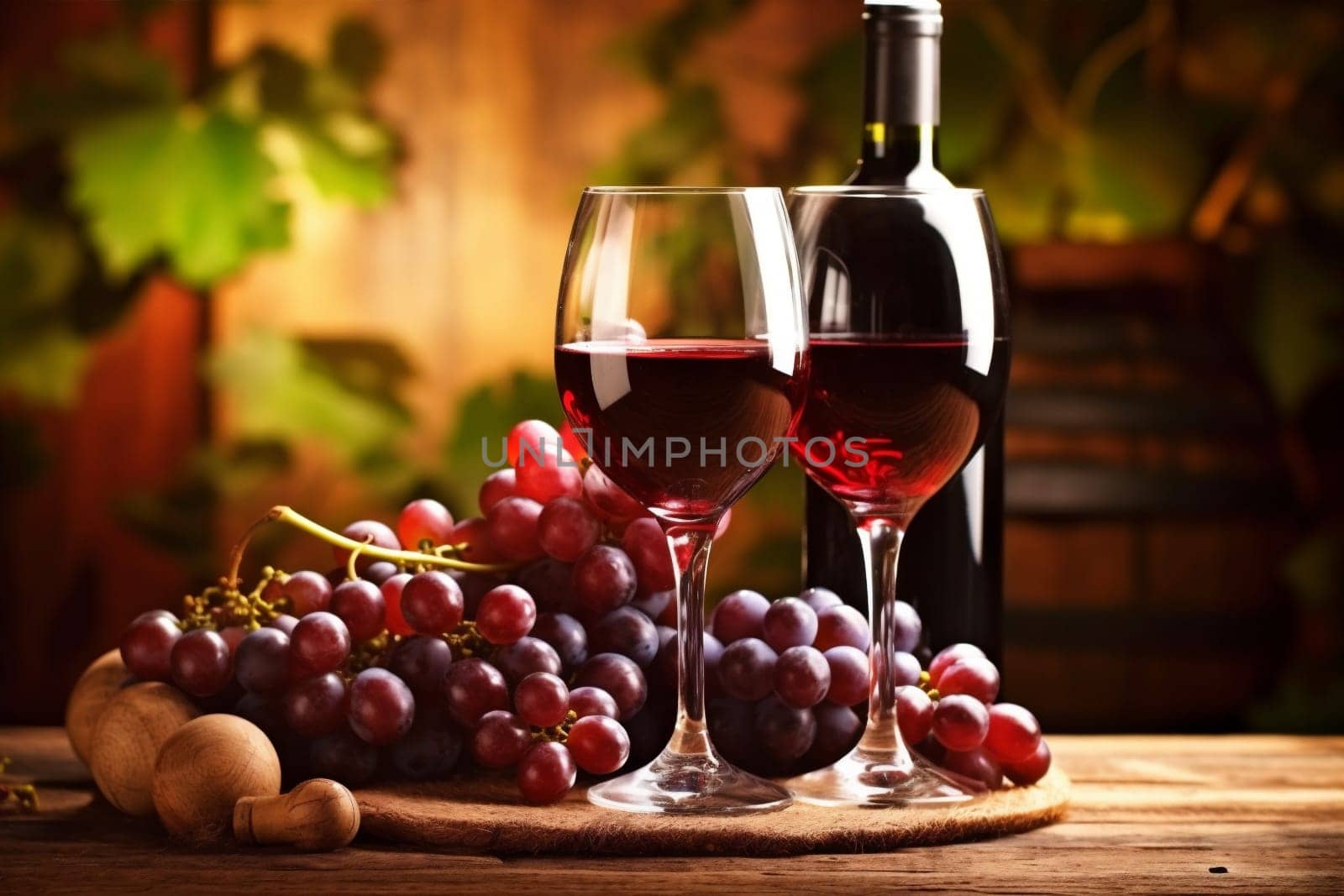 background wine grape beverage winery drink bottle glass table food alcohol. Generative AI. by SHOTPRIME