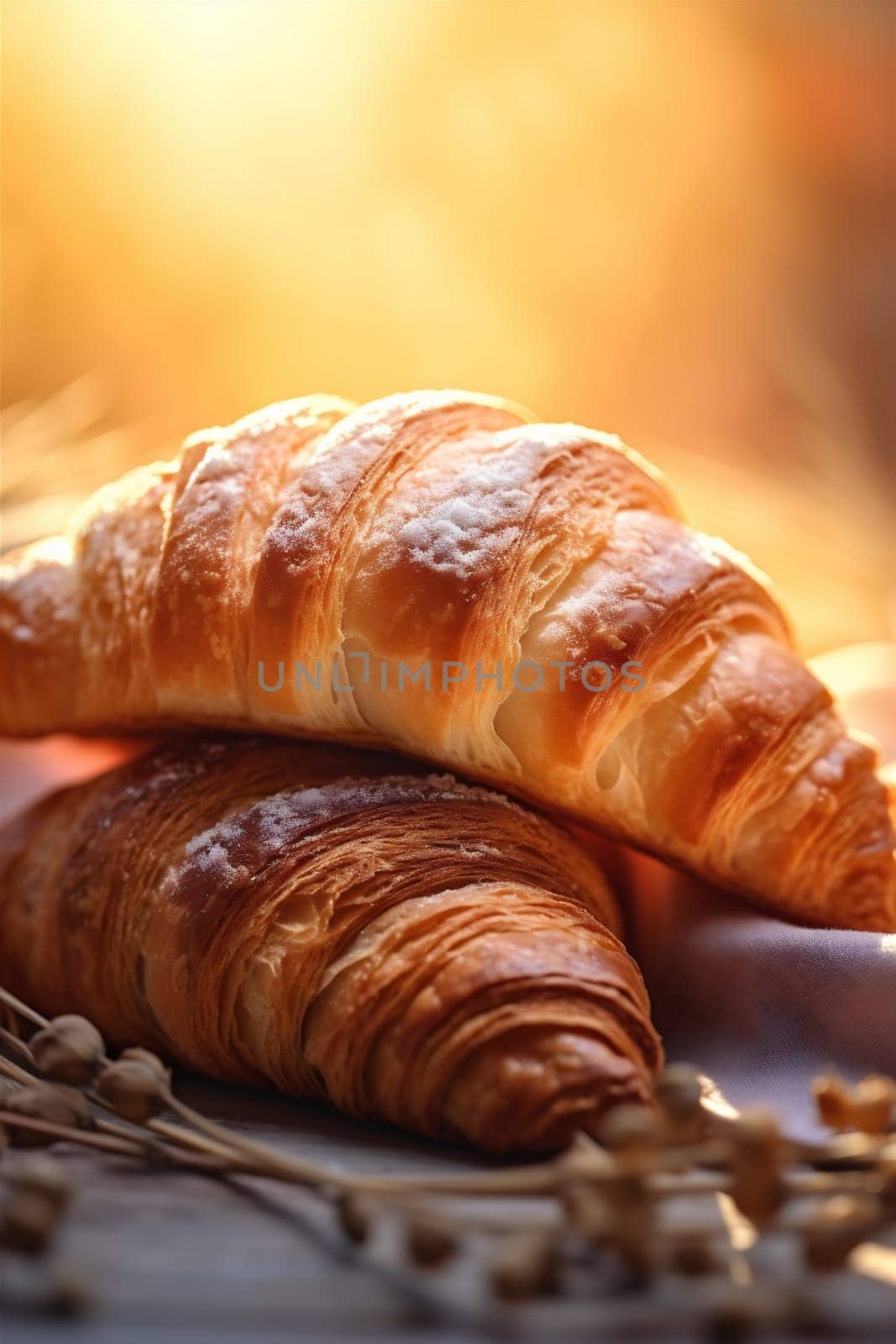 hot sweet tea morning bokeh caffeine drink croissant background tasty closeup cup brown background table delicious eatery gold food smoke breakfast bakery. Generative AI.