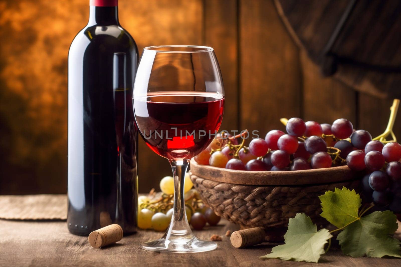 lifestyle glass beverage alcohol wine winery drink bottle grape food background. Generative AI. by SHOTPRIME