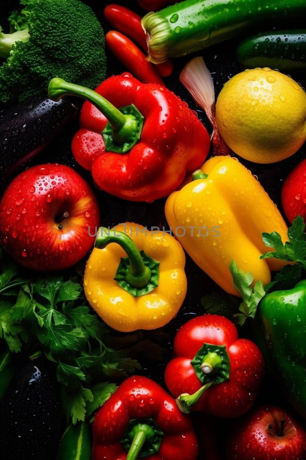 clean vegetable food organic fruit splash background red drop close-up green water fresh vegetarian vegan group black wet broccoli healthy harvest leaf. Generative AI.