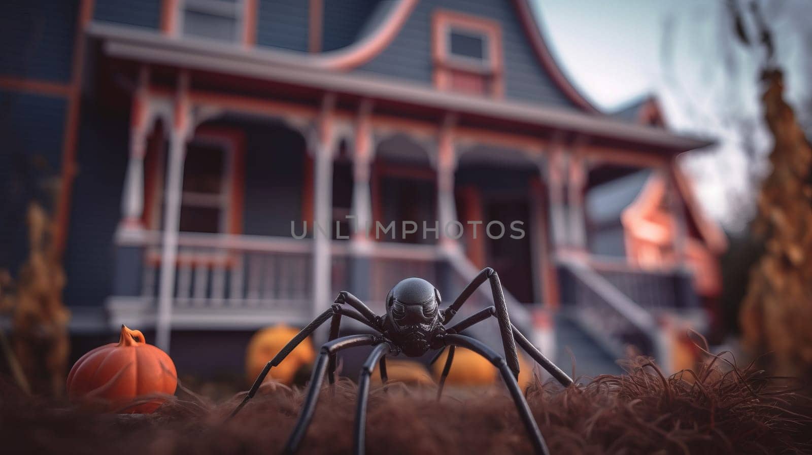 Big spider and pumpkins halloween decorations stand next to the house in autumn.Close up. Ai generative