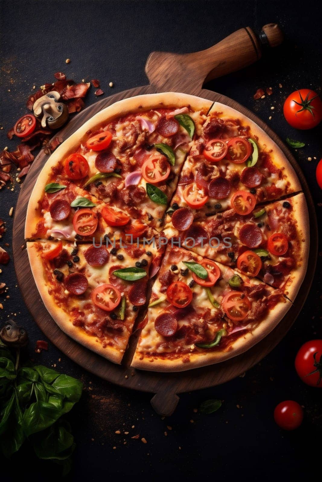 food food italian copy cheese space background tomato pepper black meal fast pizza. Generative AI. by SHOTPRIME