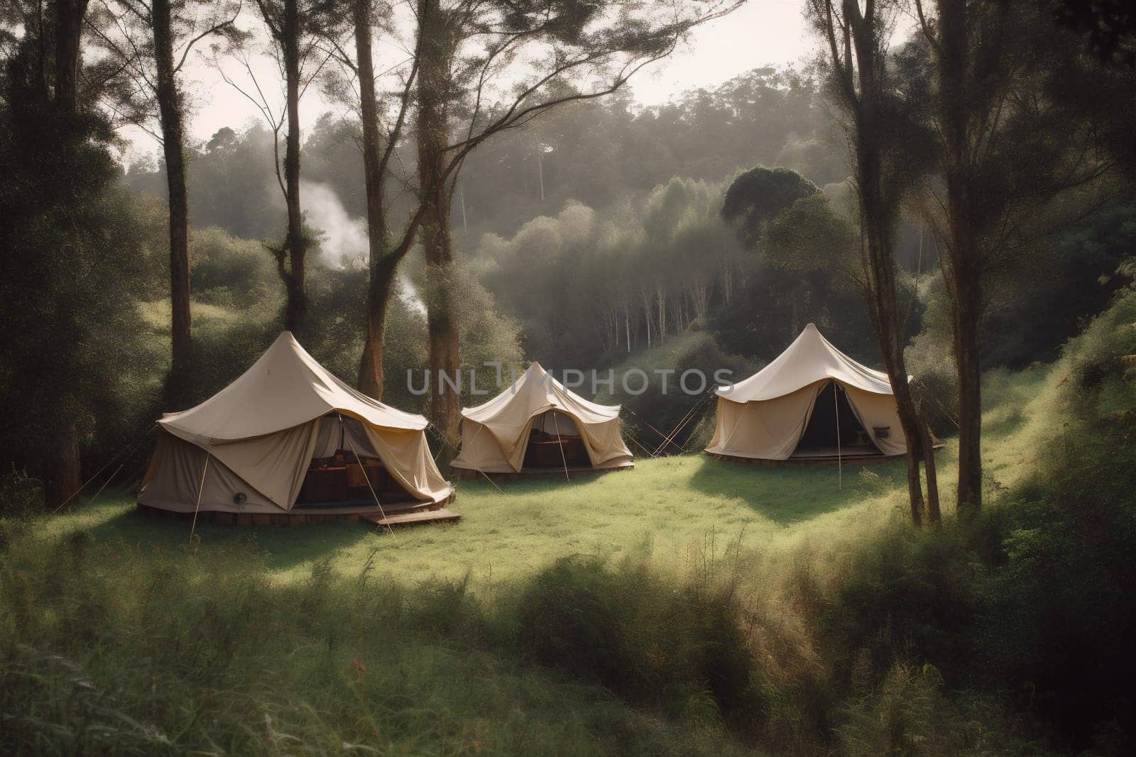 vacation camping nature canvas tent light forest luxury travel glamping. Generative AI. by SHOTPRIME