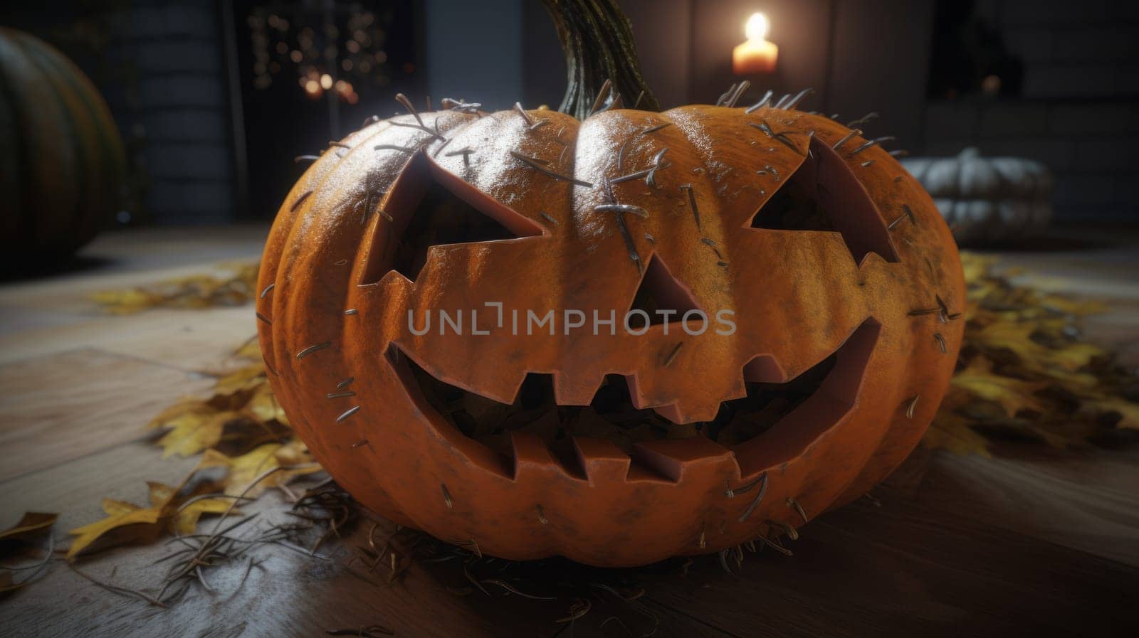 Close up of Halloween pumpkin and candles on an old wooden table.Ai generative