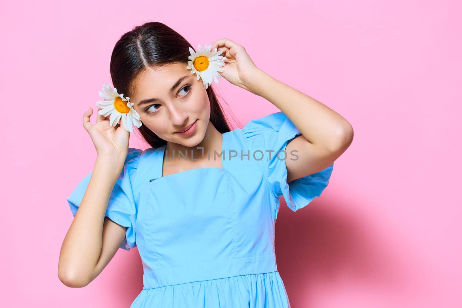 blue woman fashion studio pink dress young camomile smile flower makeup by SHOTPRIME