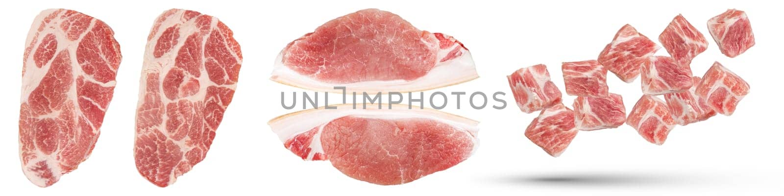 Lots of different pieces of raw pork. Set of fresh pork pieces isolated on white background. Pieces of pork for inserting into a design, project, for an advertising banner or for a label on a package